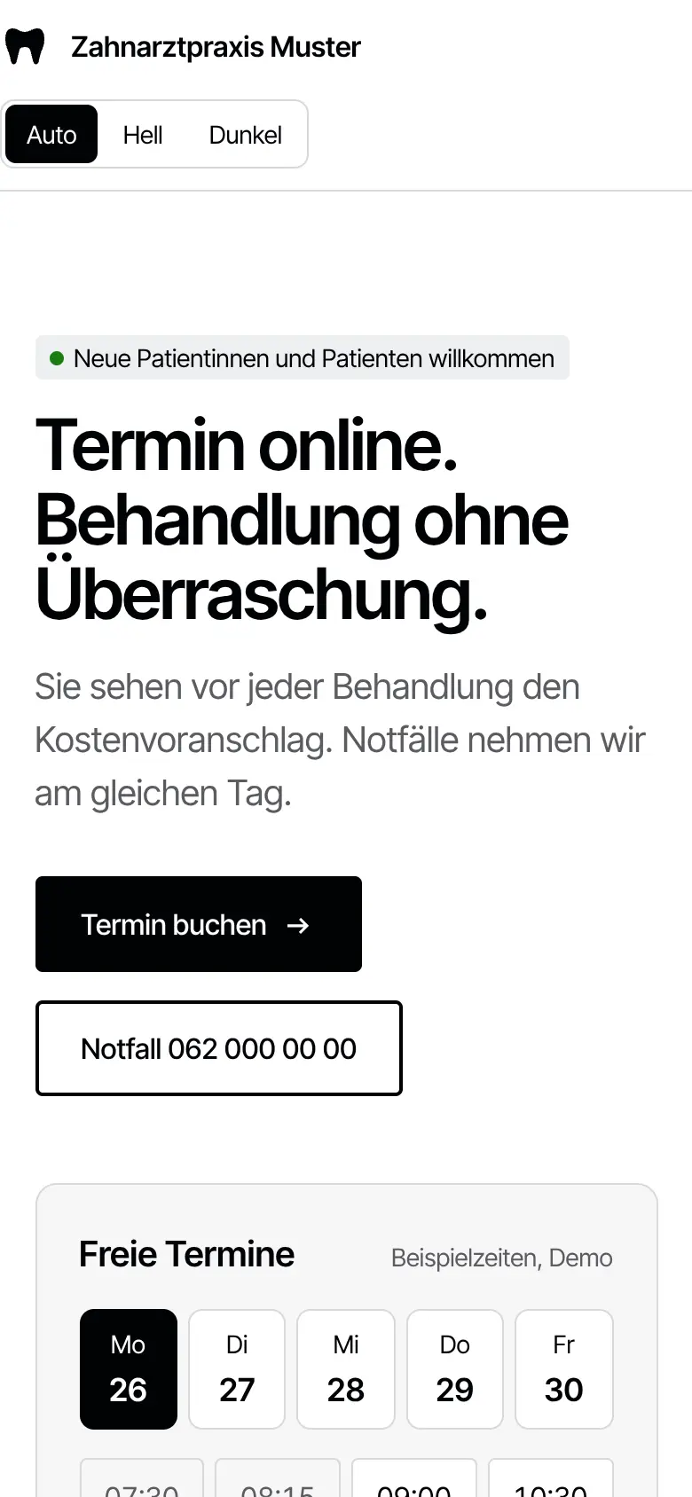 Phone view of the demo website Zahnarztpraxis Muster