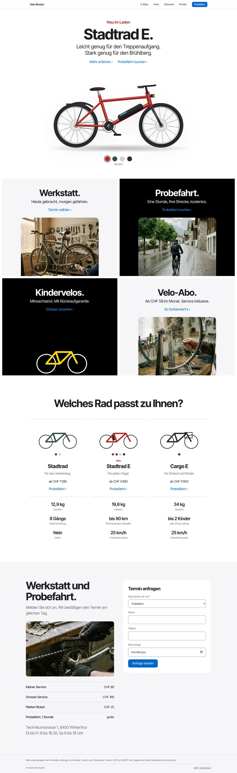 Desktop view of the demo website Velo Muster