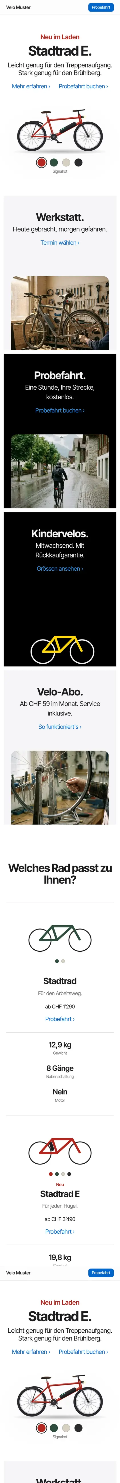 Phone view of the demo website Velo Muster